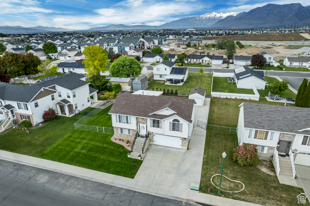 Aerial view of residential area with mountains