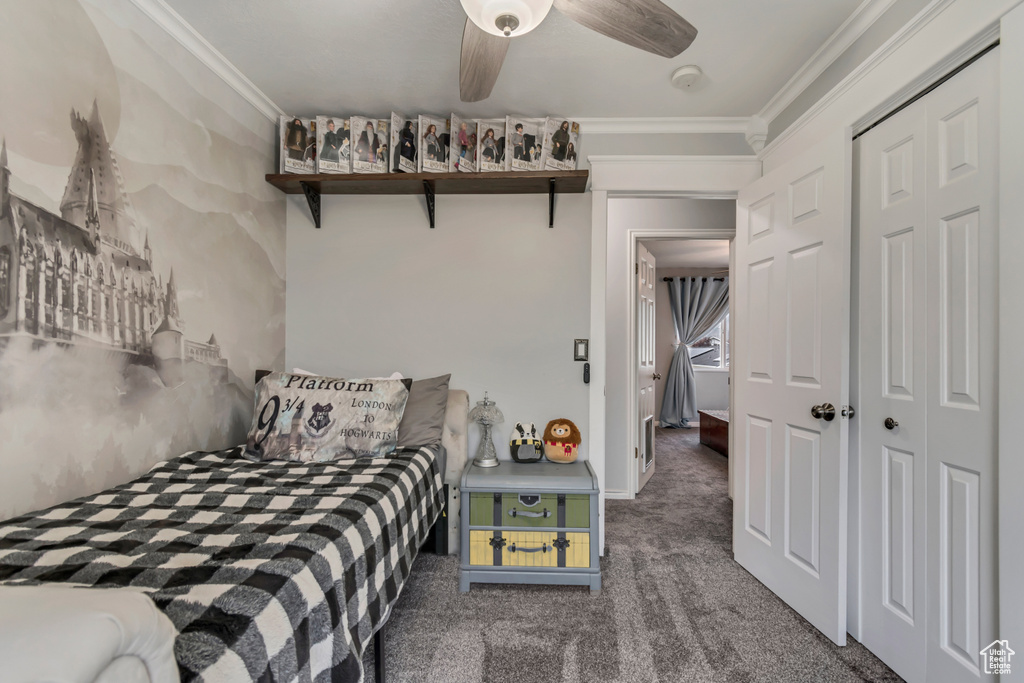 Bedroom with carpet floors, crown molding, a closet, a ceiling fan, and baseboards