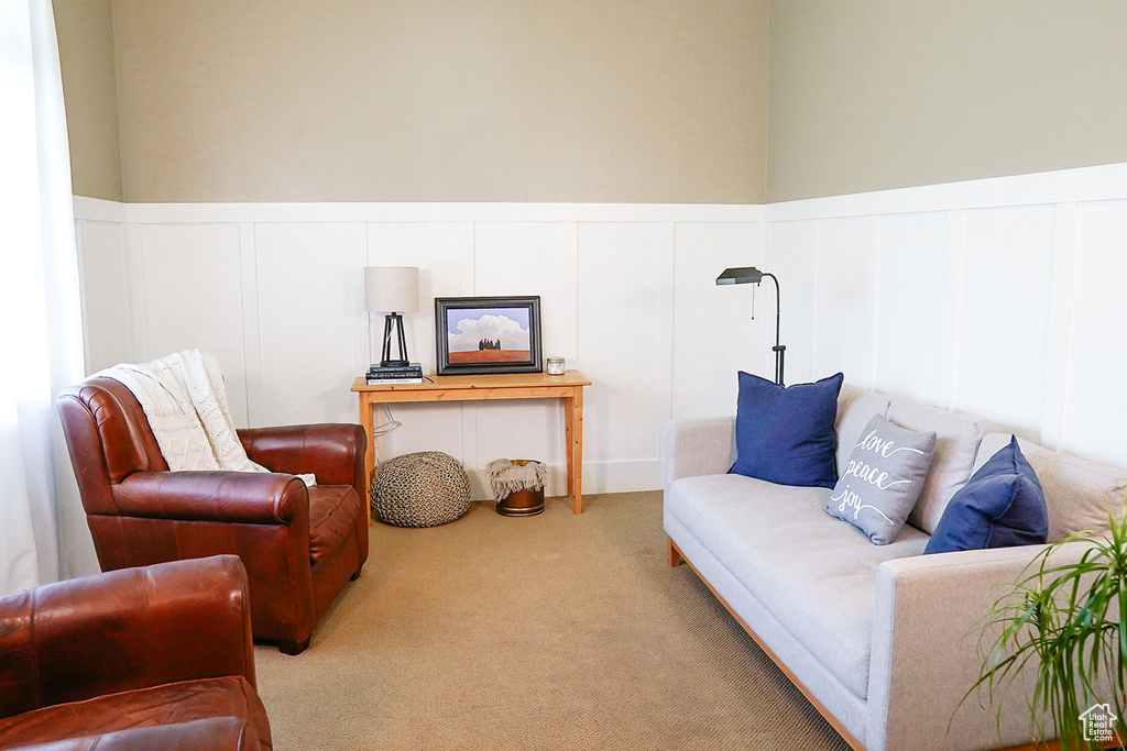 Living area featuring a decorative wall, carpet floors, and wainscoting