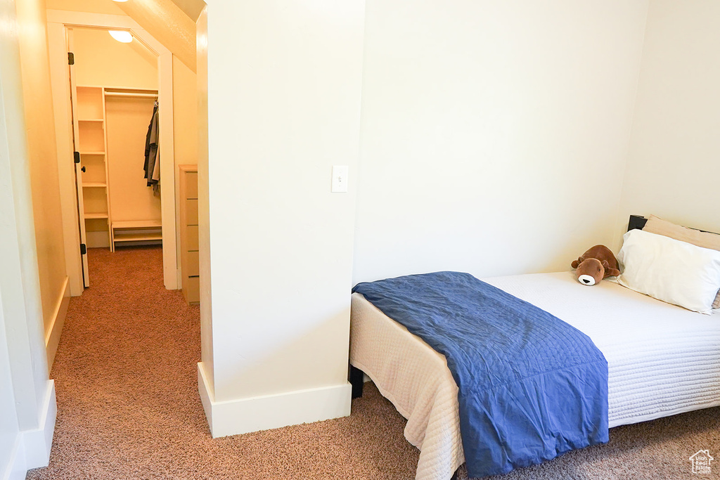 Bedroom featuring carpet, a spacious closet, and baseboards