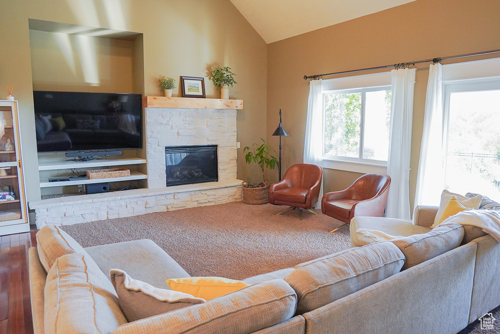 Living room featuring a stone fireplace and high vaulted ceiling
