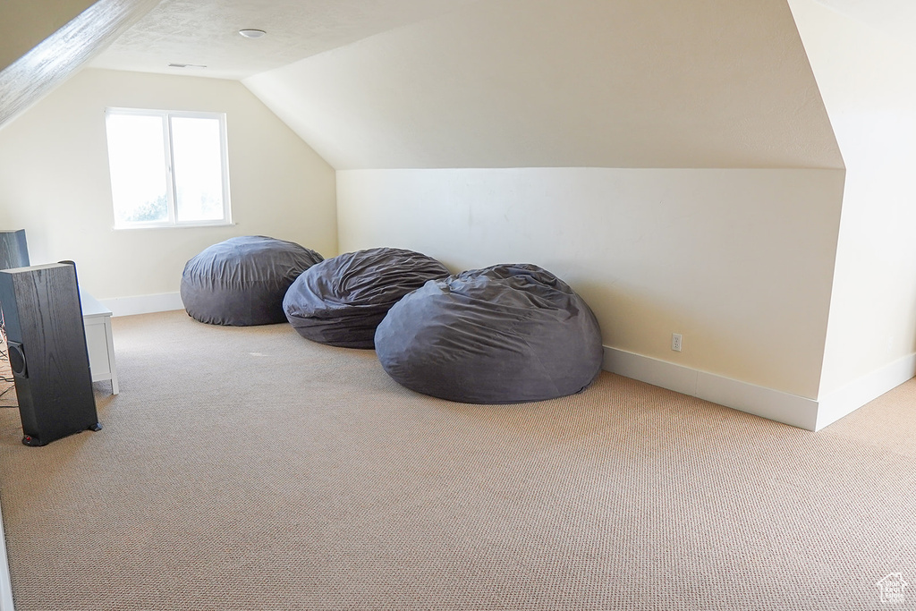 Workout room featuring carpet floors, baseboards, and lofted ceiling