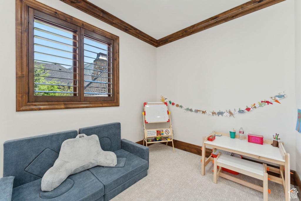 Playroom with carpet floors, ornamental molding, and baseboards