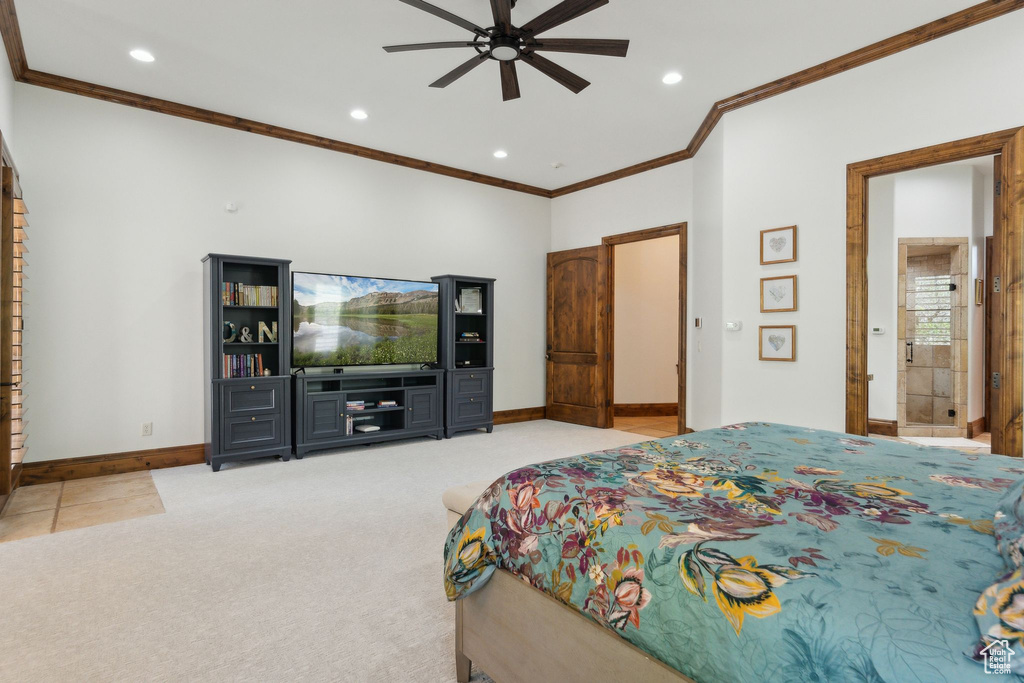 Carpeted bedroom with recessed lighting, baseboards, crown molding, and ceiling fan