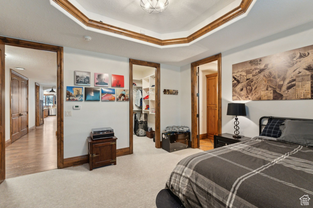 Bedroom featuring a walk in closet, a closet, light carpet, and baseboards
