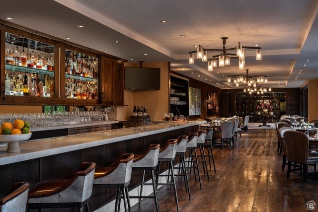 Indoor wet bar featuring a tray ceiling, a chandelier, dark wood finished floors, and hanging light fixtures
