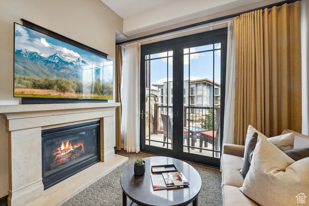 Living room with a glass covered fireplace