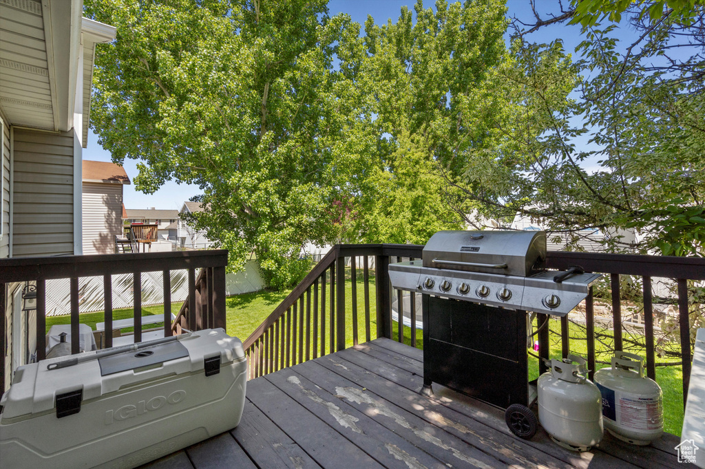 Wooden deck featuring grilling area and a lawn
