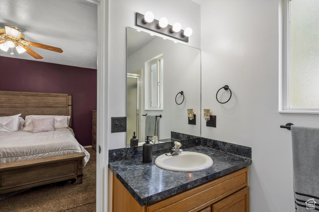 Full bathroom with vanity, ceiling fan, and a shower with shower door