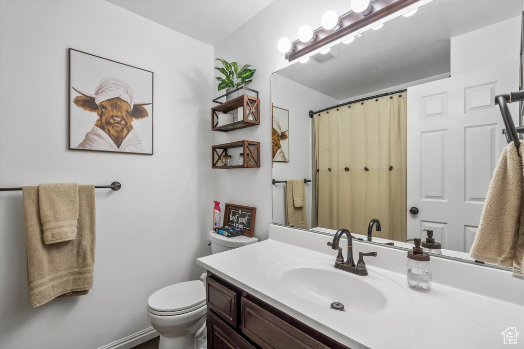 Bathroom featuring toilet, vanity, and curtained shower