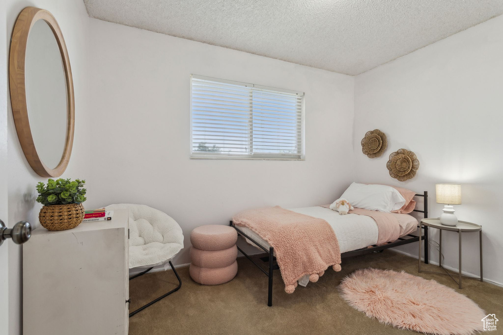 Bedroom featuring carpet and a textured ceiling