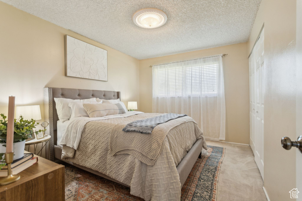 Carpeted bedroom with a textured ceiling, a closet, and baseboards