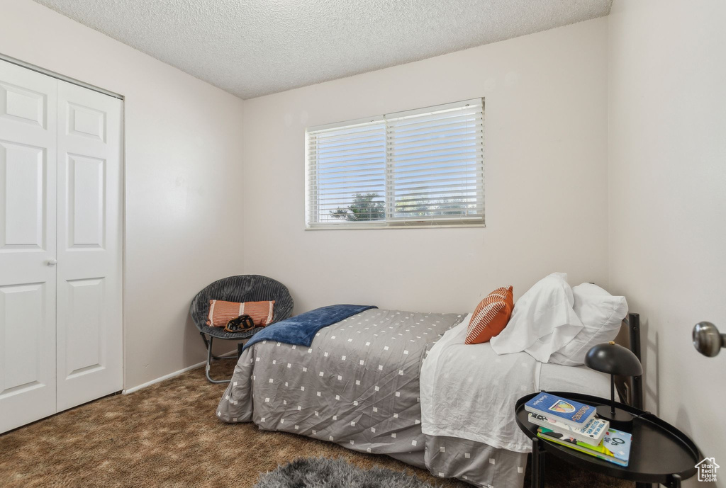 Carpeted bedroom with a textured ceiling and a closet