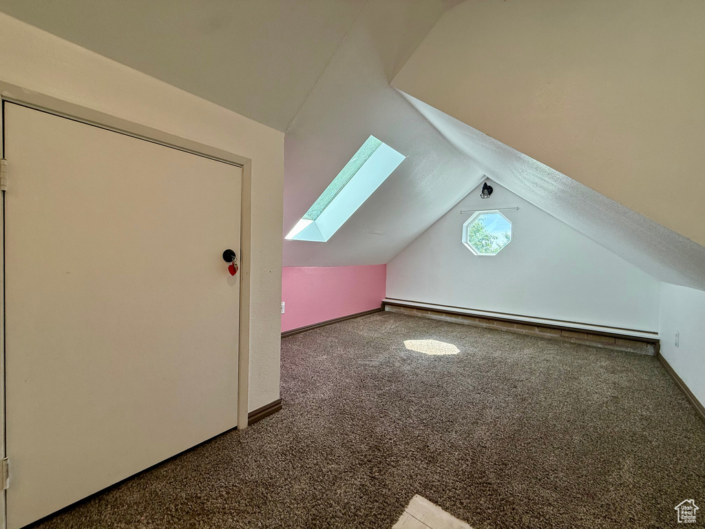 Bonus room featuring a skylight, carpet, vaulted ceiling, a baseboard radiator, and baseboards
