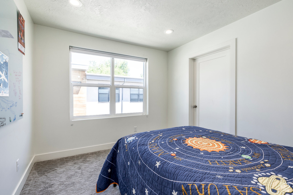 Bedroom featuring carpet flooring, baseboards, a textured ceiling, and recessed lighting