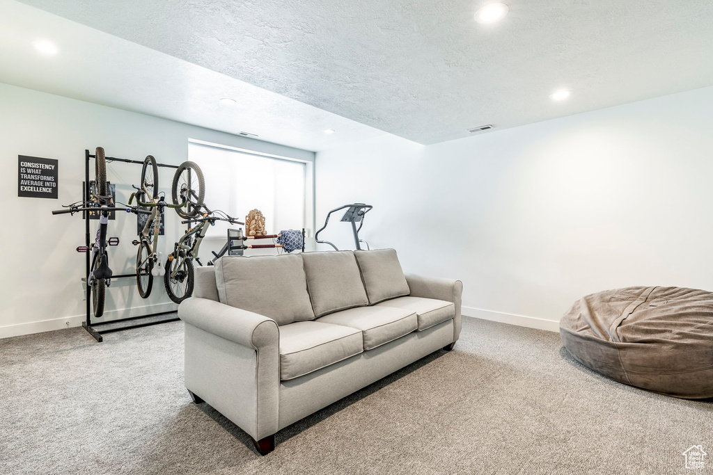 Carpeted living area featuring baseboards, recessed lighting, and a textured ceiling
