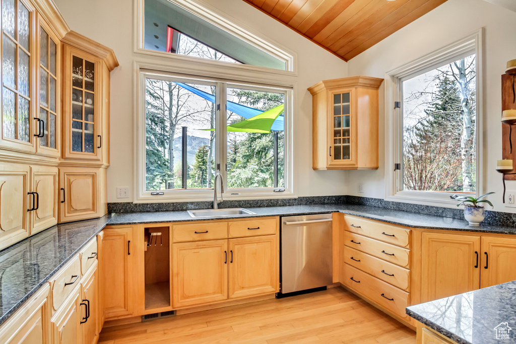 Kitchen featuring dishwasher, a sink, plenty of natural light, wooden ceiling, and vaulted ceiling