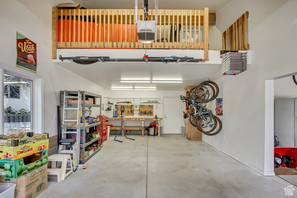 Garage featuring a workshop area