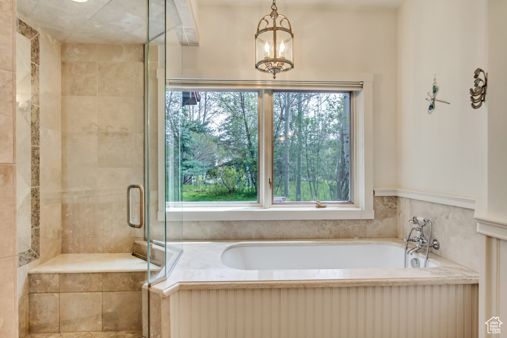 Full bathroom featuring plenty of natural light, a bath, and a stall shower