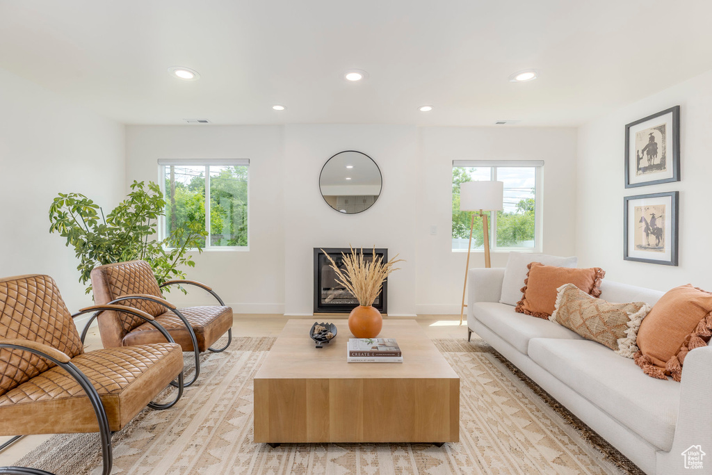 Living area featuring a fireplace, recessed lighting, plenty of natural light, baseboards, and light wood finished floors