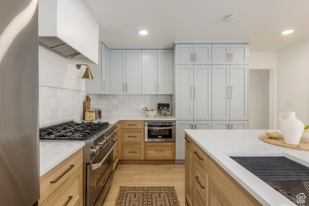 Kitchen with stainless steel appliances, light countertops, tasteful backsplash, light wood-type flooring, and custom exhaust hood