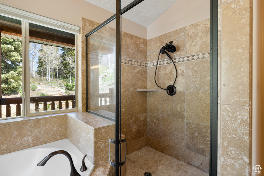Full bathroom with a shower stall, healthy amount of natural light, and lofted ceiling