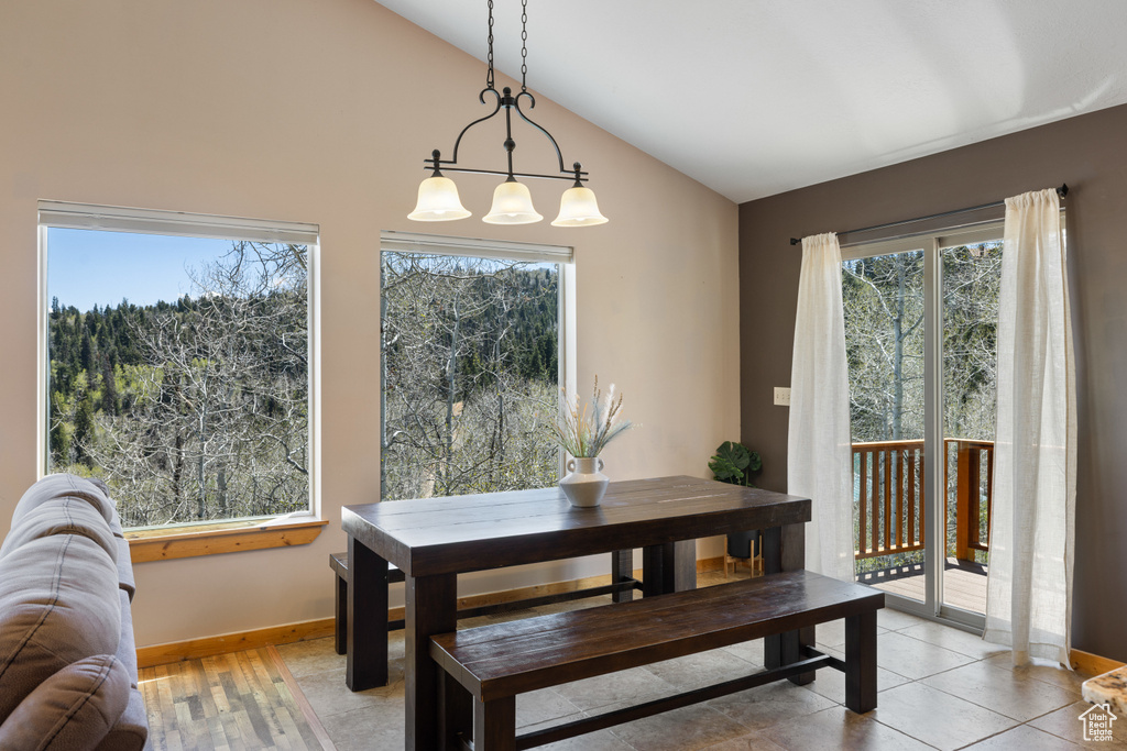 Dining room with healthy amount of natural light, baseboards, and high vaulted ceiling