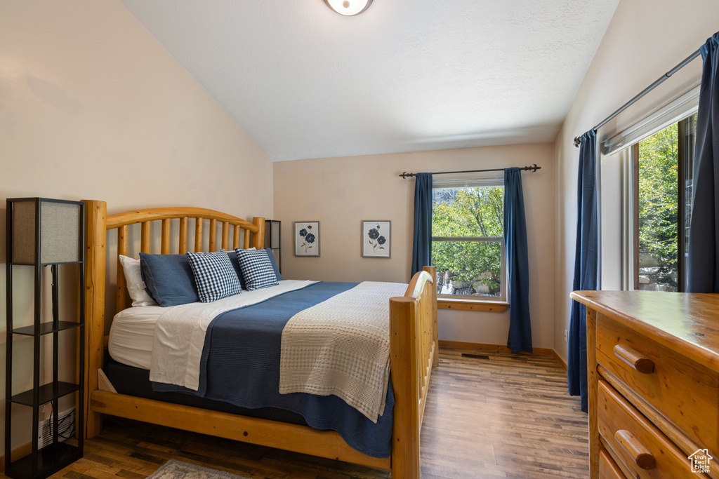 Bedroom featuring vaulted ceiling, multiple windows, and wood finished floors