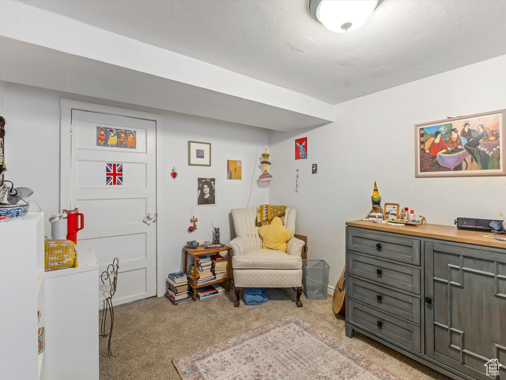Living area with light carpet and washer / clothes dryer