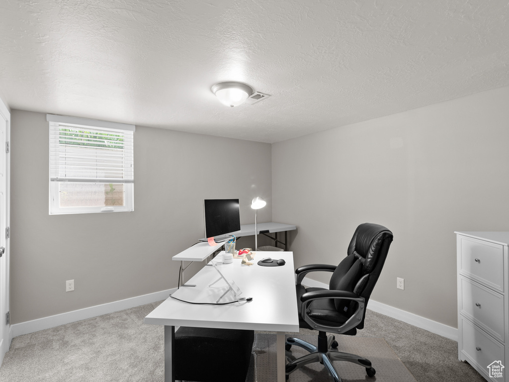 Office area featuring a textured ceiling, light carpet, and baseboards