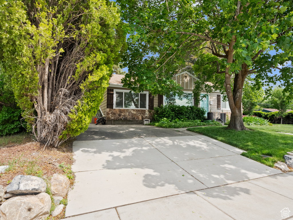 View of property hidden behind natural elements with a front yard
