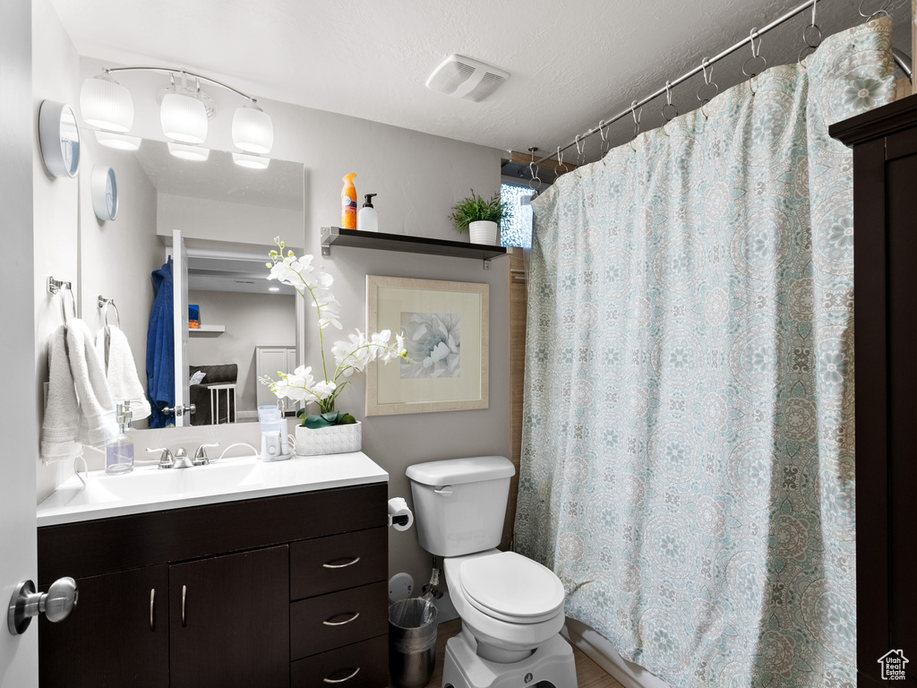 Bathroom with toilet, vanity, and a shower with curtain