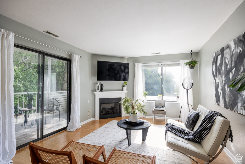 Living room featuring wood finished floors, a fireplace, and baseboards