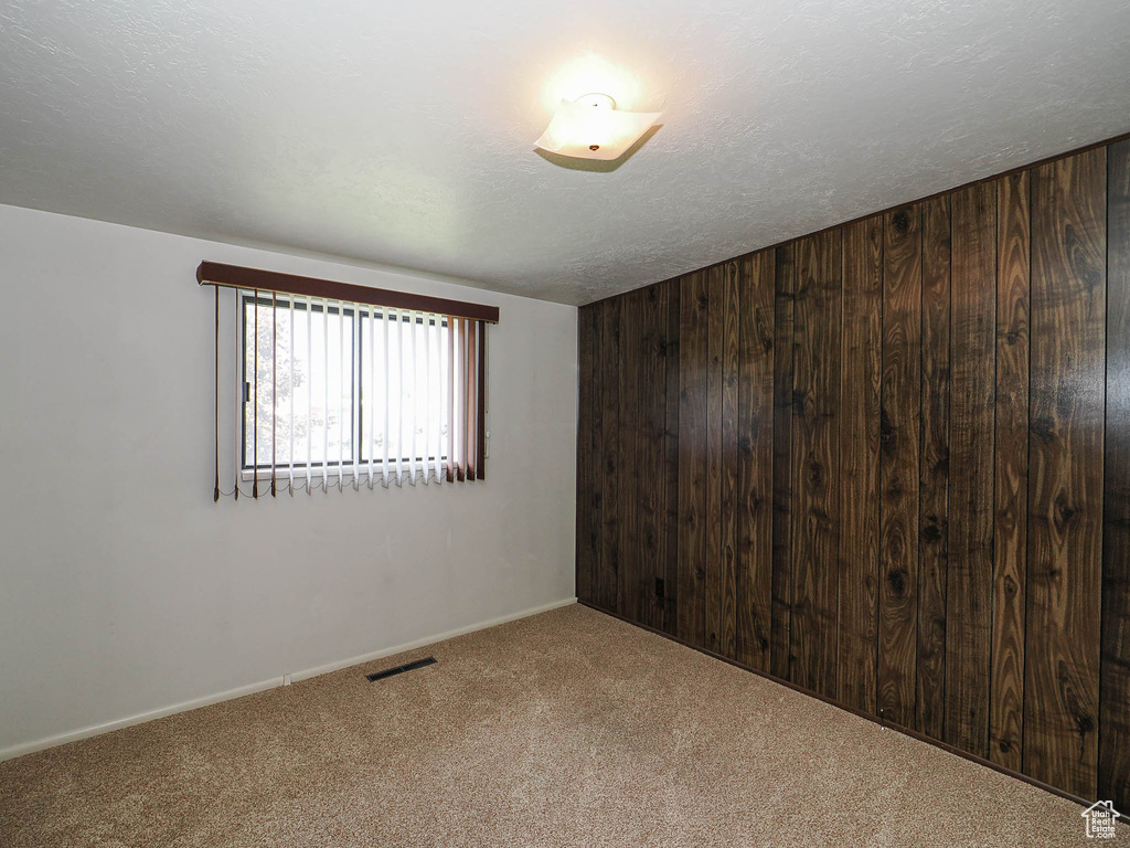 Unfurnished room featuring carpet flooring, wood walls, and baseboards