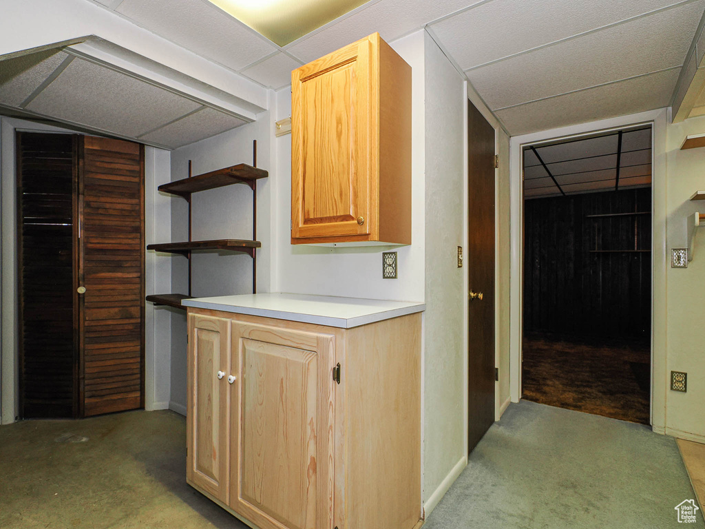 Kitchen featuring a drop ceiling, light carpet, light brown cabinetry, open shelves, and light countertops