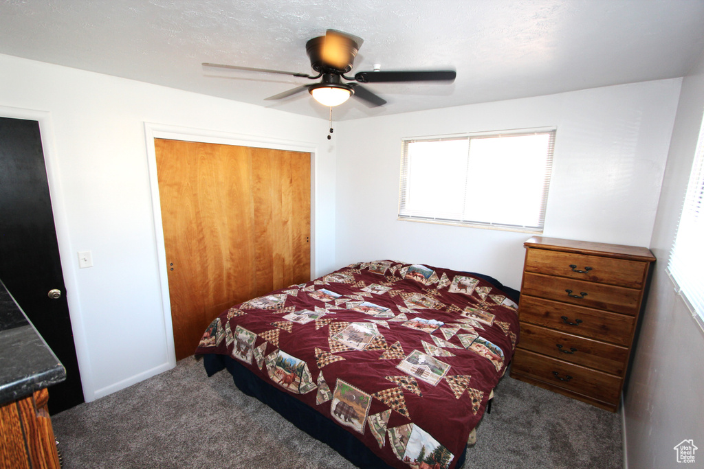 Bedroom with carpet, a closet, and ceiling fan