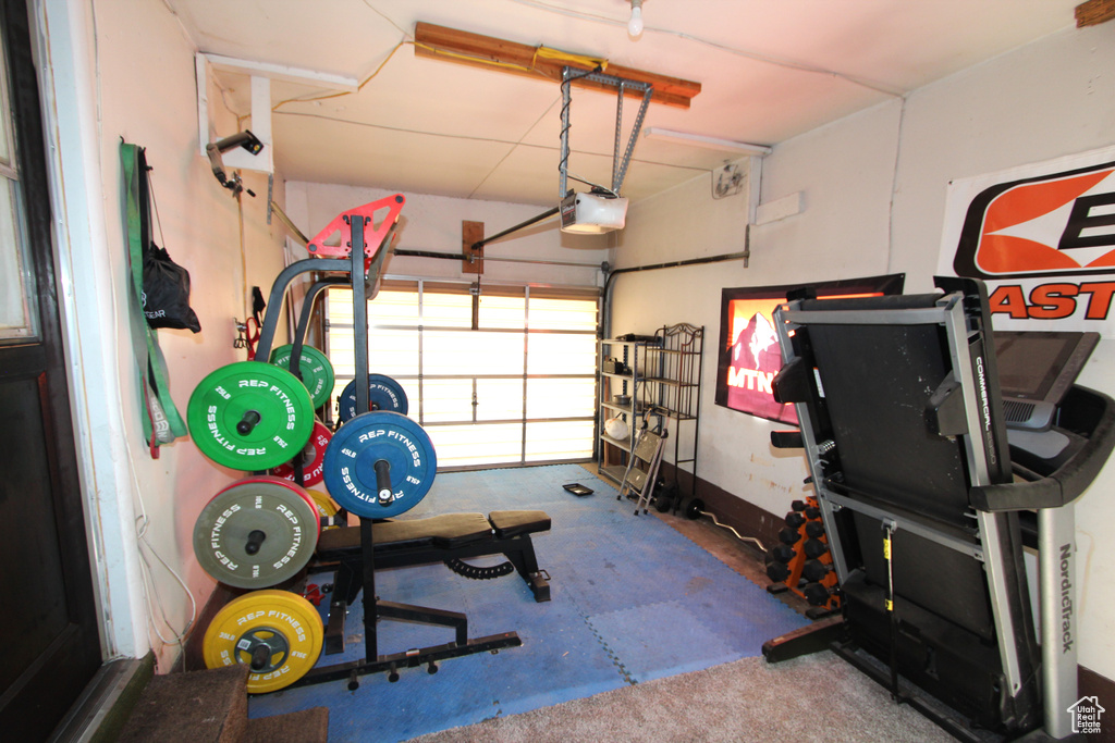 Workout room with a garage