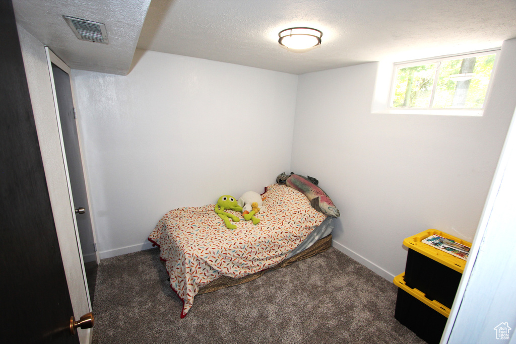 Carpeted bedroom with baseboards and a textured ceiling