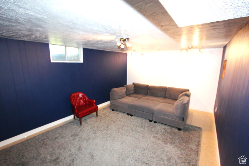 Living room featuring a textured ceiling, baseboards, and wood walls