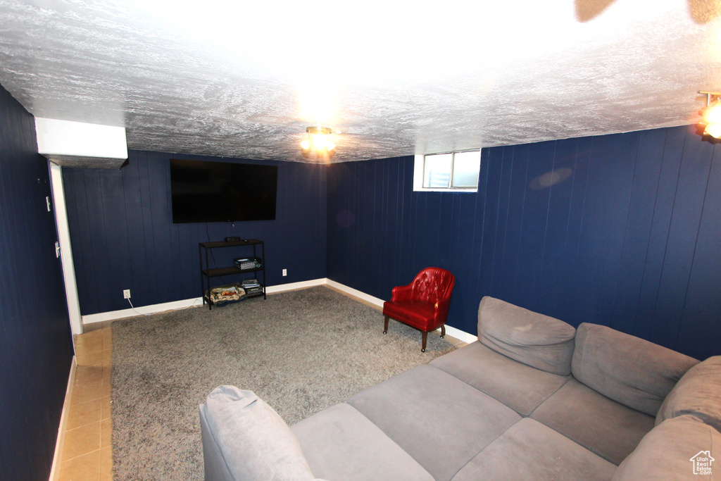 Cinema room with wooden walls and baseboards