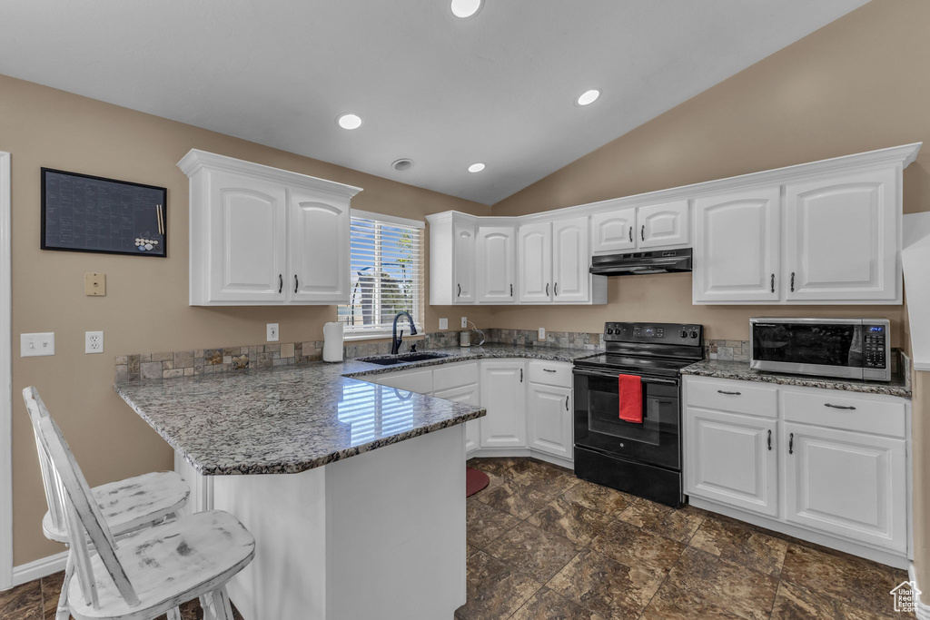 Kitchen with stainless steel microwave, black range with electric cooktop, a sink, a peninsula, and under cabinet range hood