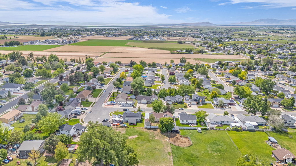 Aerial perspective of suburban area with mountains