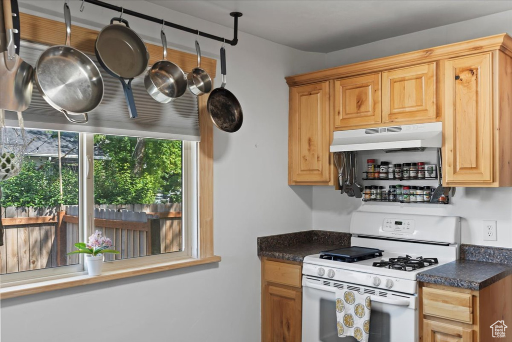 Kitchen with gas range gas stove, under cabinet range hood, and dark countertops