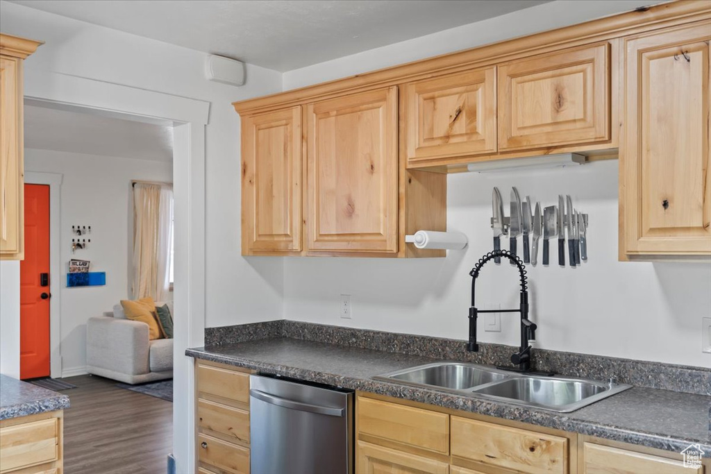 Kitchen with a sink, stainless steel dishwasher, light brown cabinets, dark countertops, and wood finished floors
