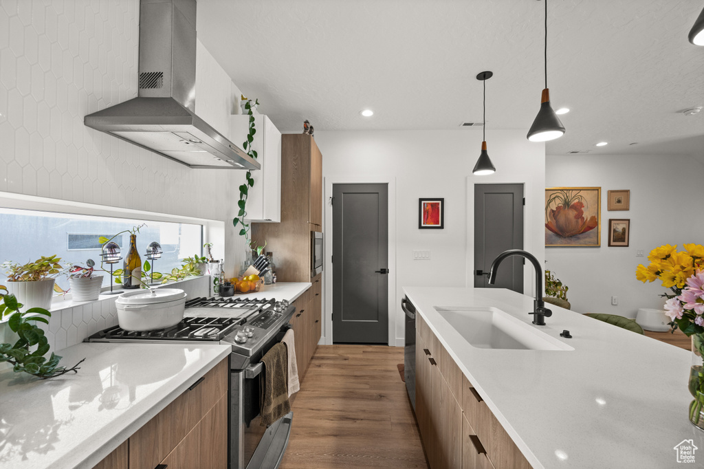 Kitchen featuring wall chimney exhaust hood, a sink, appliances with stainless steel finishes, modern cabinets, and light countertops