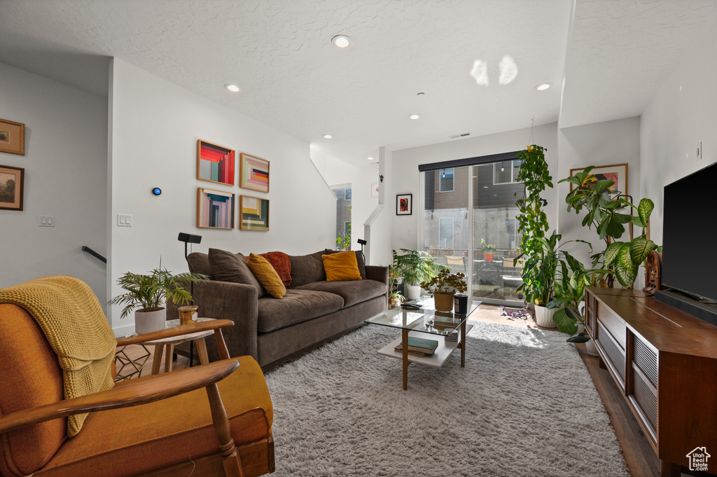 Living area featuring recessed lighting and dark wood-style floors