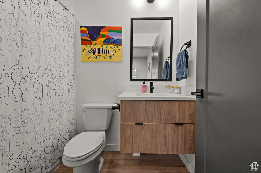 Bathroom with wood finished floors, vanity, toilet, baseboards, and a shower with shower curtain