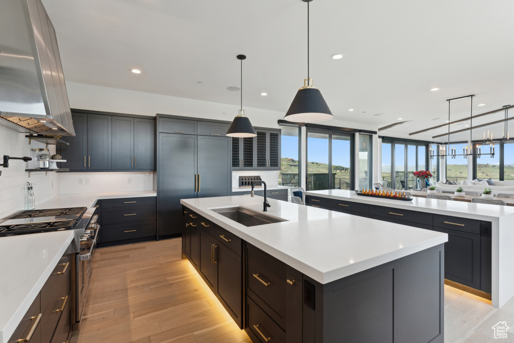Kitchen featuring a sink, a kitchen island with sink, stainless steel range, healthy amount of natural light, and recessed lighting
