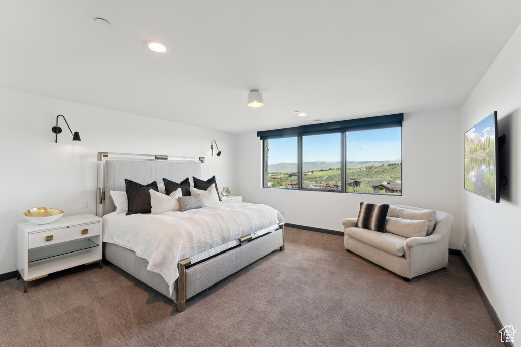 Carpeted bedroom with baseboards and recessed lighting