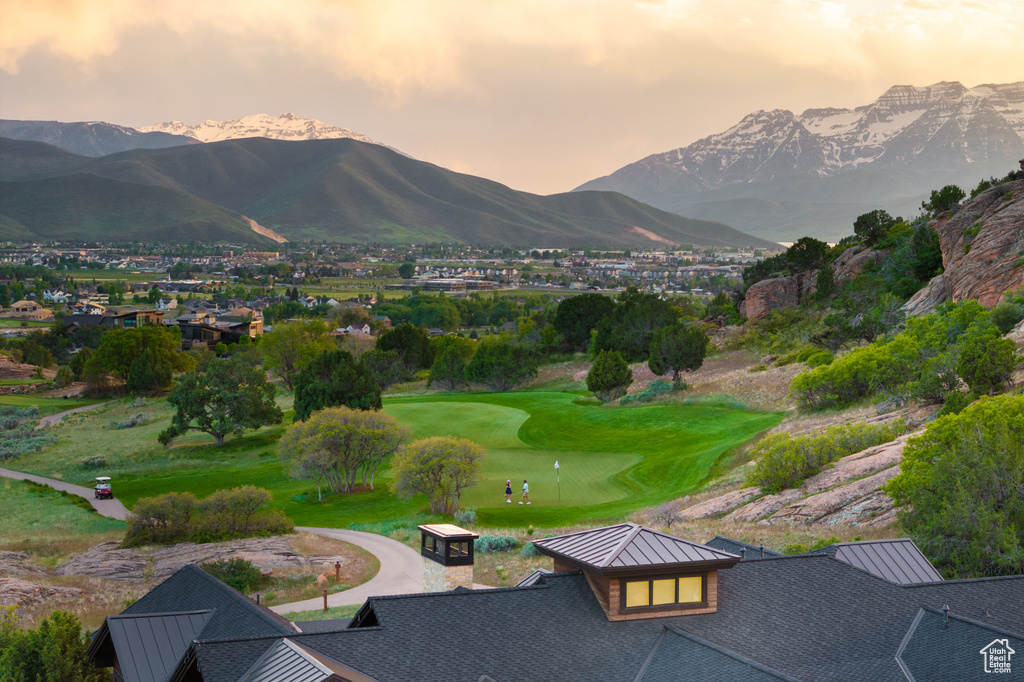 View of mountain backdrop featuring a golf club